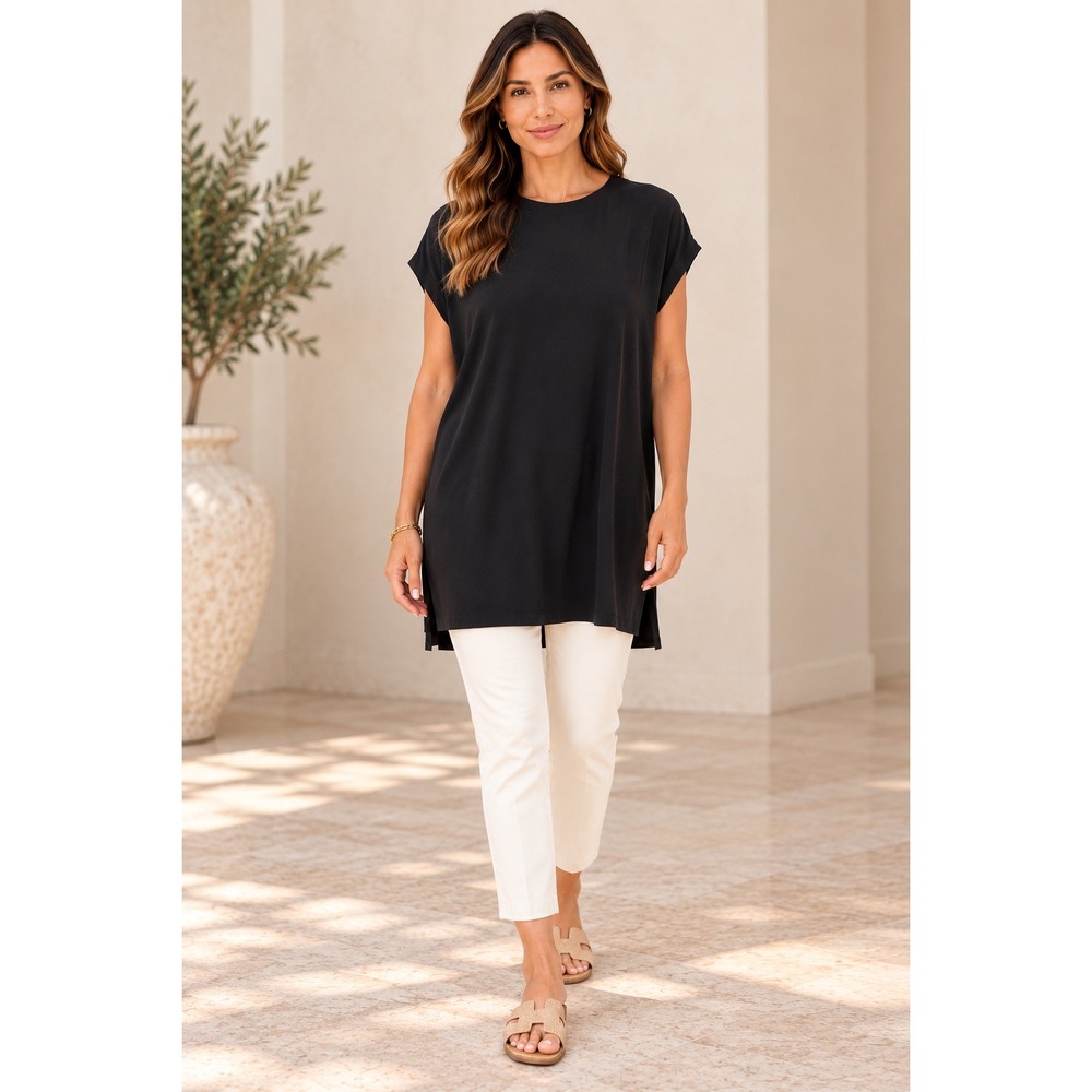 Eileen Fisher XL 100% Silk Black Tunic Top Oversized Relaxed Minimalist